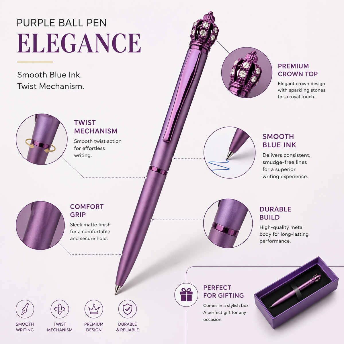 Ballpen Bazaar  Ballpen Bazaar Matt Purple Ball Pen with Purple Clip & Crown Top Twist Mechanism Blue Ink Metal Pen with 1 Extra Refill for Office, Business, Students & Gifting with Name Engraving
