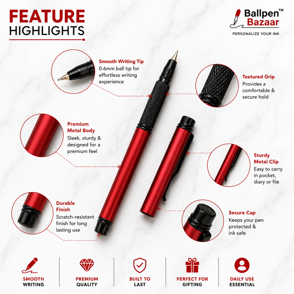 Ballpen Bazaar  Ballpen Bazaar Matt Red Mini Ball Pen with Black Clip Openable Cap Blue Ink with 1 Extra Refill with Name Engraving