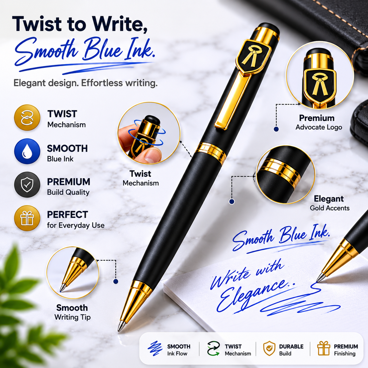 Ballpen Bazaar  Ballpen Bazaar Matte Black Ball Pen with Gold Advocate Logo Clip | Twist Mechanism | Blue Ink | Premium Metal Pen | 1 Pen with 1 Extra Blue Refill with Name Engraving