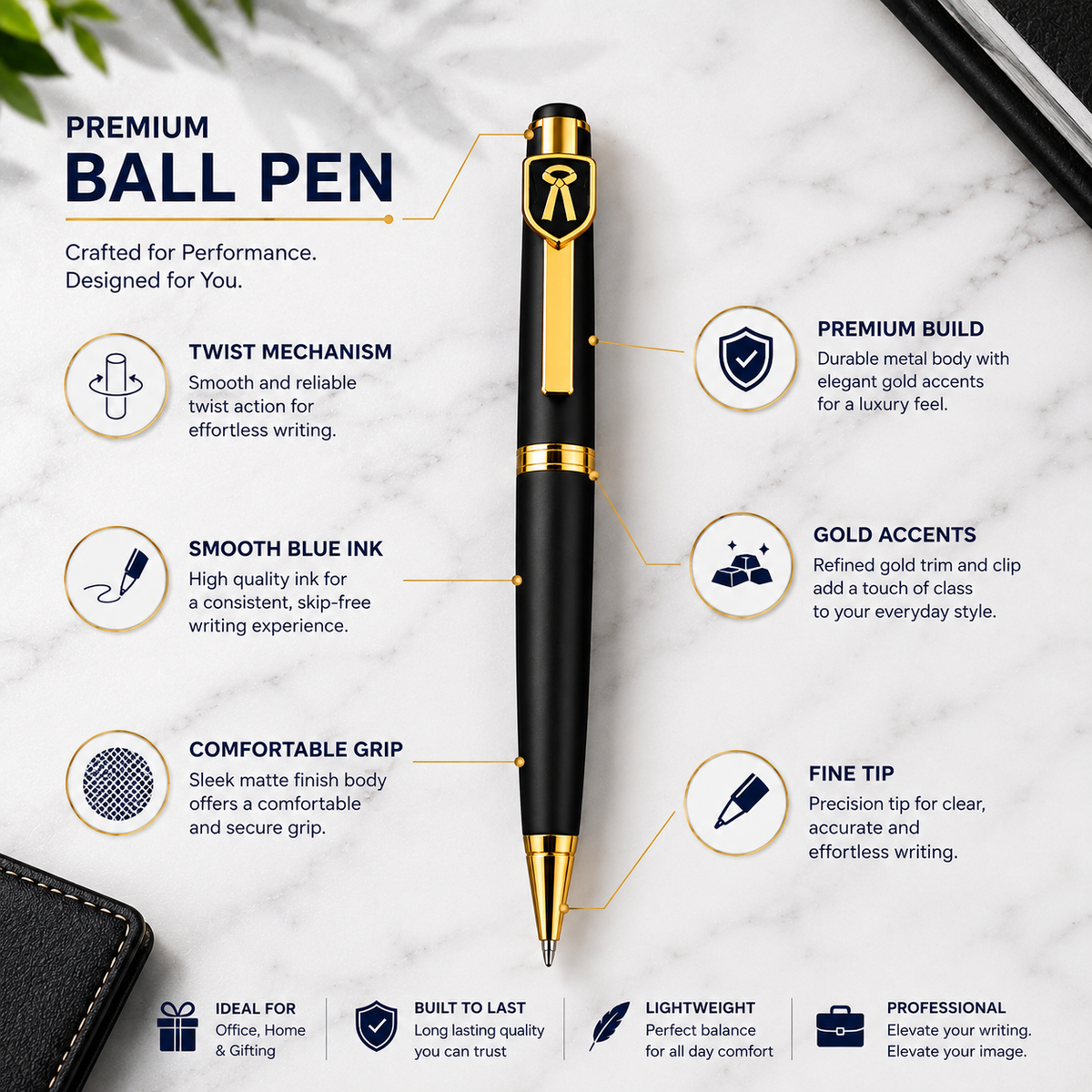 Ballpen Bazaar  Ballpen Bazaar Matte Black Ball Pen with Gold Advocate Logo Clip | Twist Mechanism | Blue Ink | Premium Metal Pen | 1 Pen with 1 Extra Blue Refill with Name Engraving