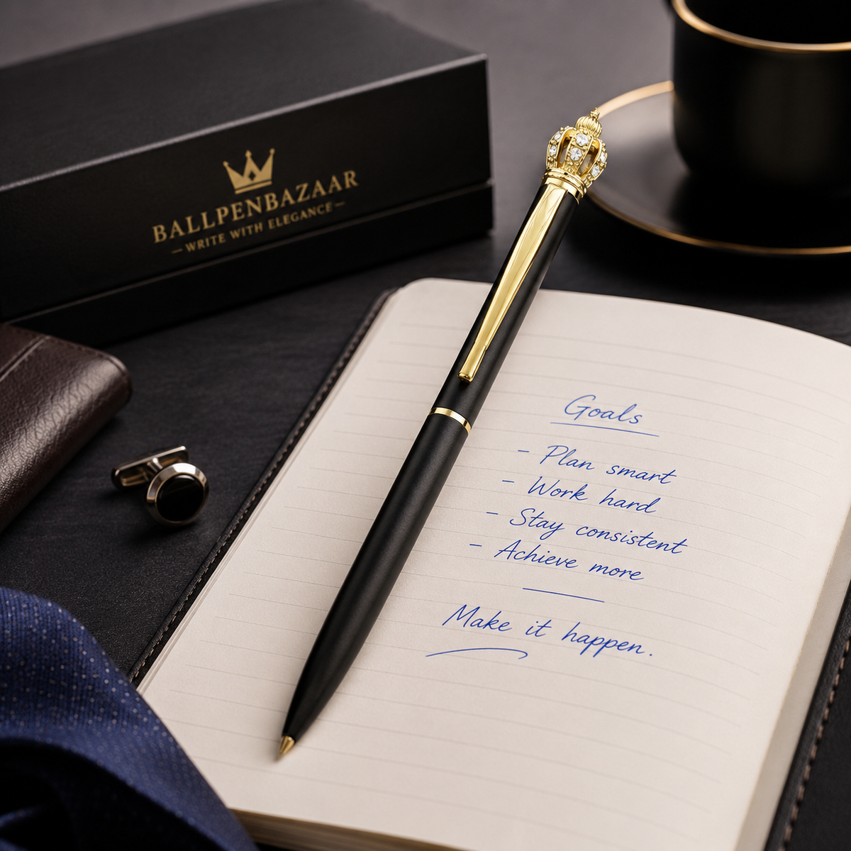 Ballpen Bazaar  Ballpen Bazaar Matte Black Ball Pen with Gold Clip & Diamond Crown Top | Twist Mechanism | Blue Ink | Premium Metal Executive Pen | 1 Pen with 1 Extra Blue Refill with Name Engraving