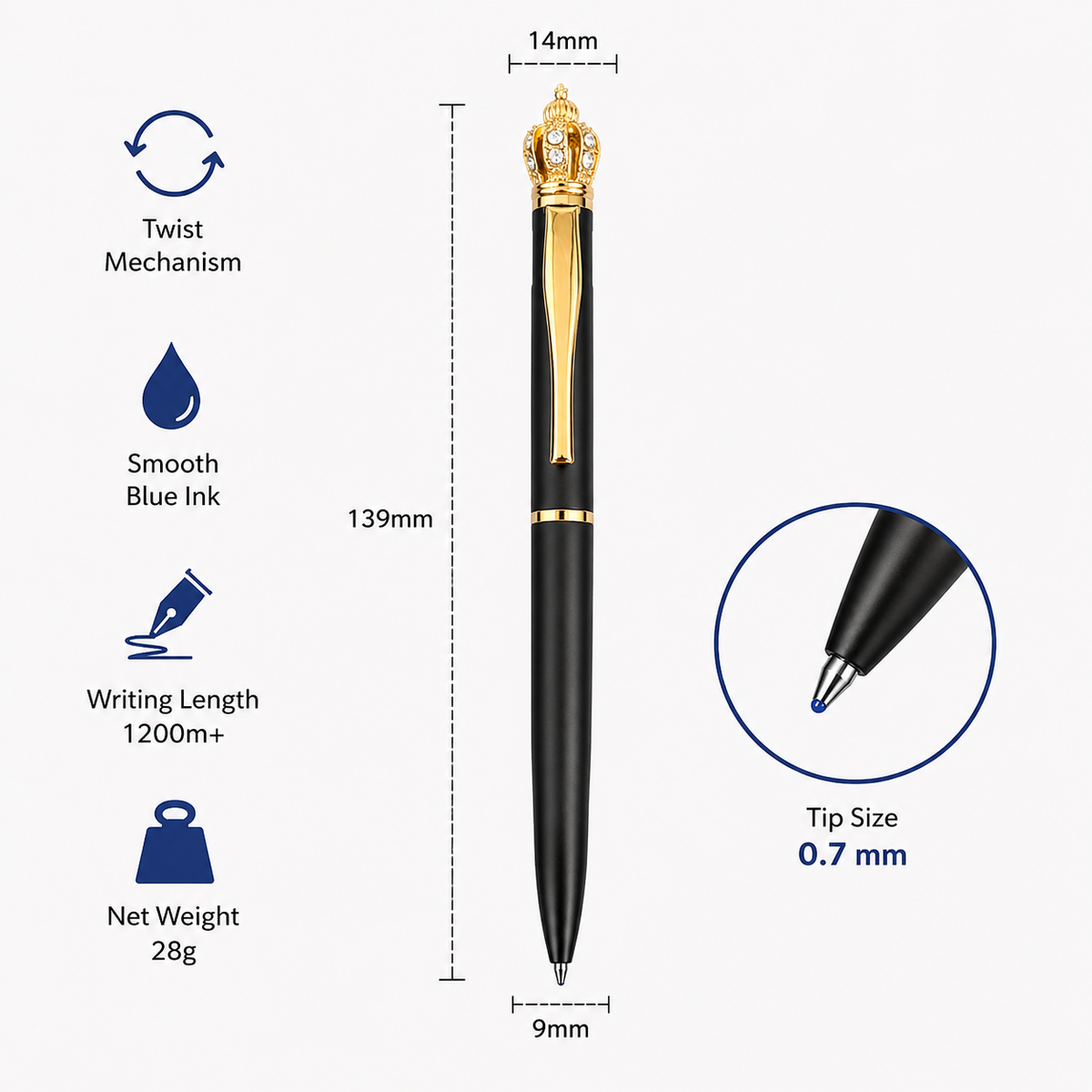 Ballpen Bazaar  Ballpen Bazaar Matte Black Ball Pen with Gold Clip & Diamond Crown Top | Twist Mechanism | Blue Ink | Premium Metal Executive Pen | 1 Pen with 1 Extra Blue Refill with Name Engraving