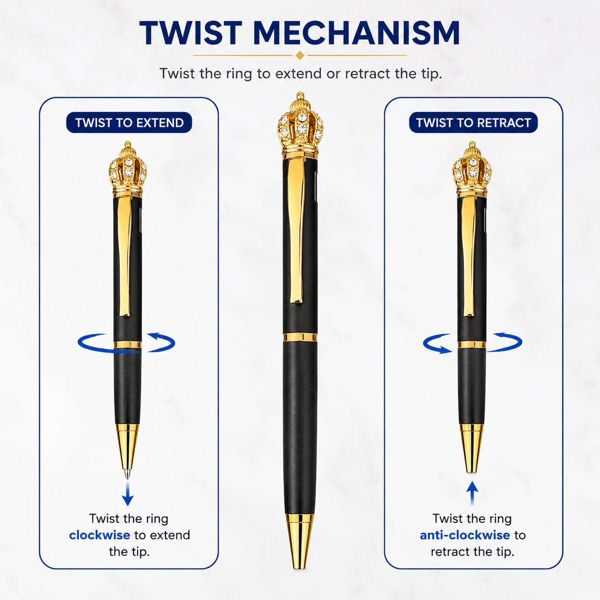 Ballpen Bazaar  Ballpen Bazaar Matte Black Ball Pen with Gold Clip & Diamond Crown Top | Twist Mechanism | Blue Ink | Premium Metal Executive Pen | 1 Pen with 1 Extra Blue Refill with Name Engraving