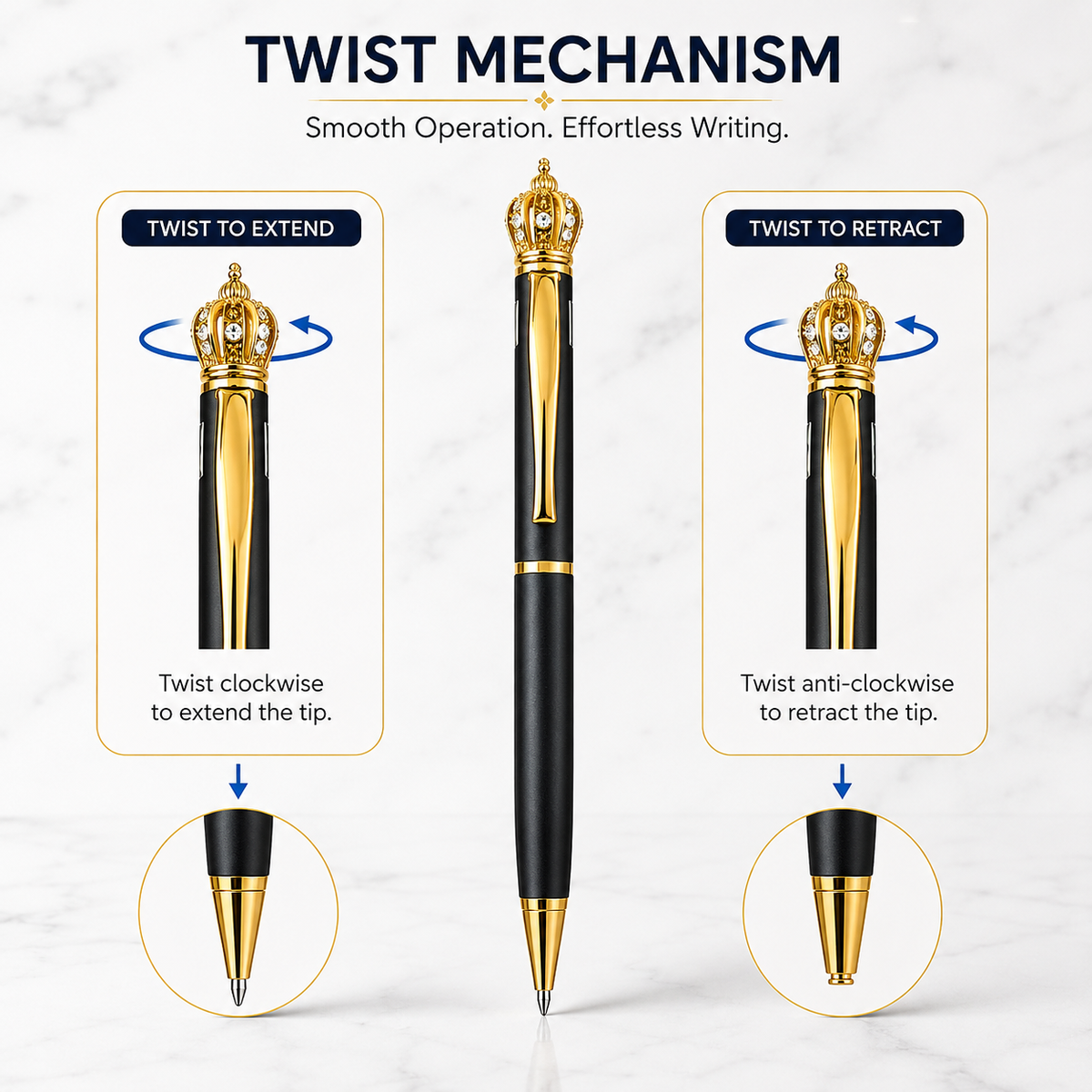 Ballpen Bazaar  Ballpen Bazaar Matte Black Ball Pen with Gold Clip & Diamond Crown Top | Twist Mechanism | Blue Ink | Premium Metal Executive Pen | 1 Pen with 1 Extra Blue Refill with Name Engraving