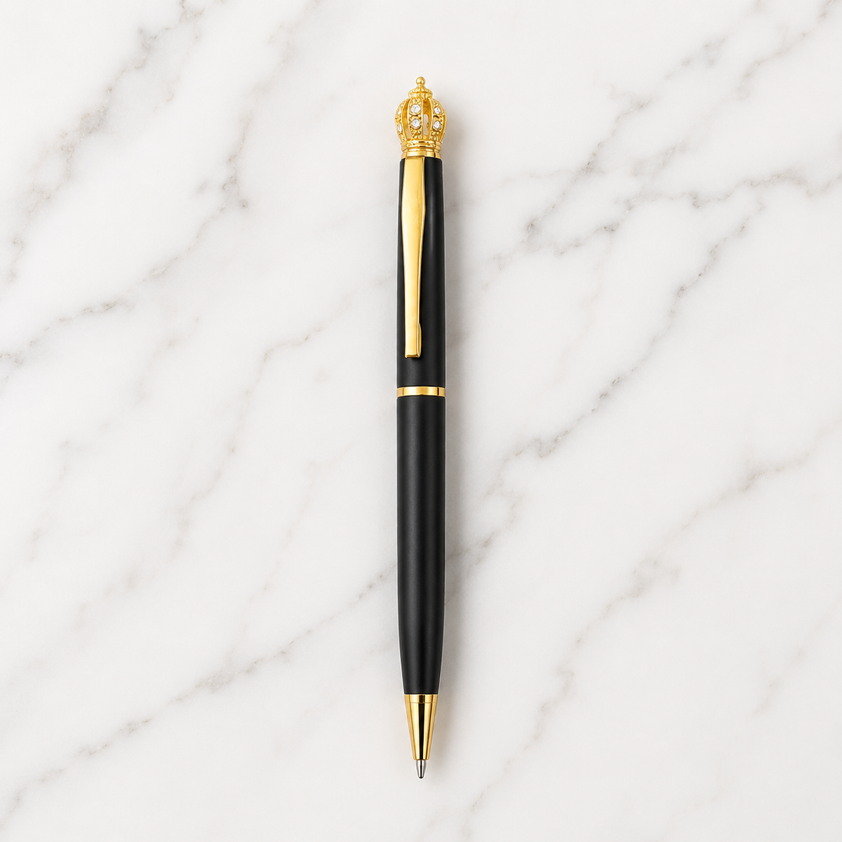 Ballpen Bazaar  Ballpen Bazaar Matte Black Ball Pen with Gold Clip & Diamond Crown Top | Twist Mechanism | Blue Ink | Premium Metal Executive Pen | 1 Pen with 1 Extra Blue Refill with Name Engraving