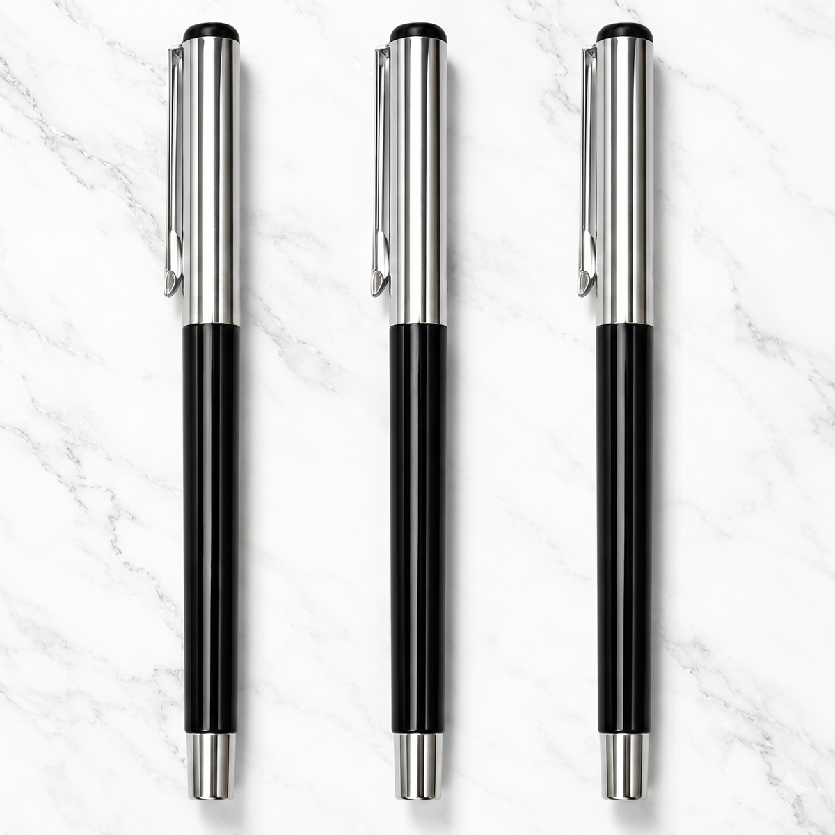 Ballpen Bazaar  Ballpen Bazaar Metallic Glossy Black Ball Pen Set of 3 with Silver Cap | Openable Mechanism | Blue Ink | Includes 3 Extra Refills | Premium Metal Writing Pens with Name Engraving