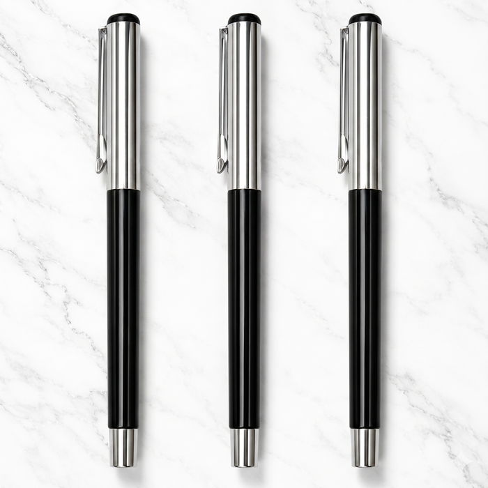 Ballpen Bazaar  Ballpen Bazaar Metallic Glossy Black Ball Pen Set of 3 with Silver Cap | Openable Mechanism | Blue Ink | Includes 3 Extra Refills | Premium Metal Writing Pens with Name Engraving