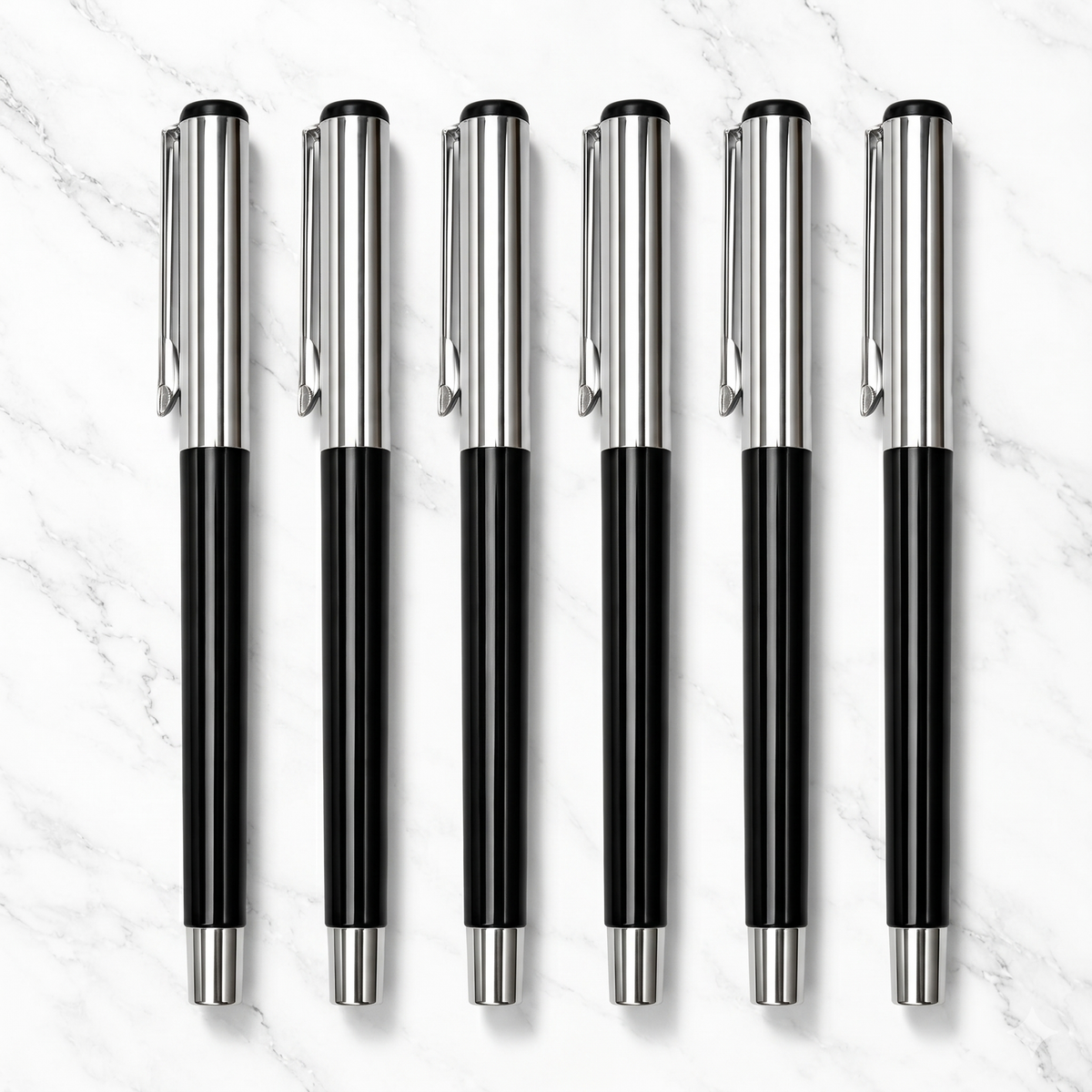 Ballpen Bazaar  Ballpen Bazaar Metallic Glossy Black Ball Pen Set of 5 with Silver Cap | Openable Metal Ball Pens | Blue Ink | Includes 5 Extra Refills with Name Engraving