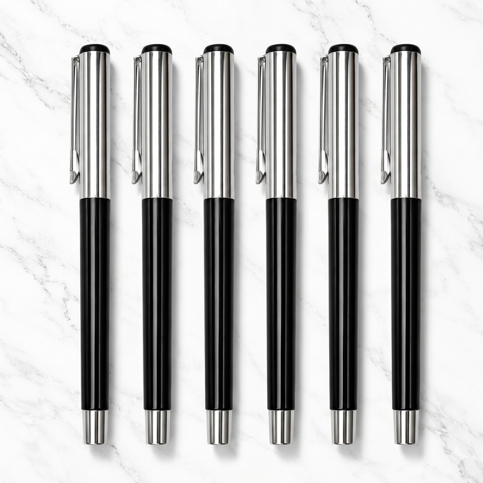 Ballpen Bazaar  Ballpen Bazaar Metallic Glossy Black Ball Pen Set of 5 with Silver Cap | Openable Metal Ball Pens | Blue Ink | Includes 5 Extra Refills with Name Engraving
