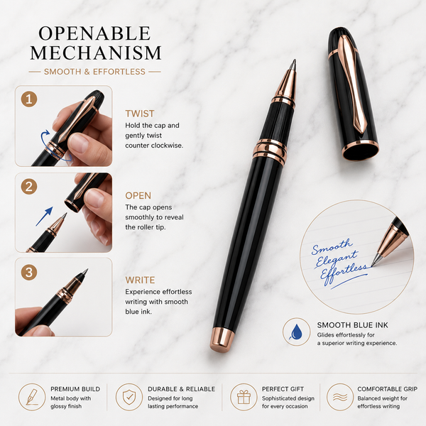 Ballpen Bazaar  Ballpen Bazaar Metallic Glossy Black Ball Pen with Black Cap & Copper Clip | Openable Metal Pen | Blue Ink | 1 Pen with 1 Extra Blue Refill with Name Engraving