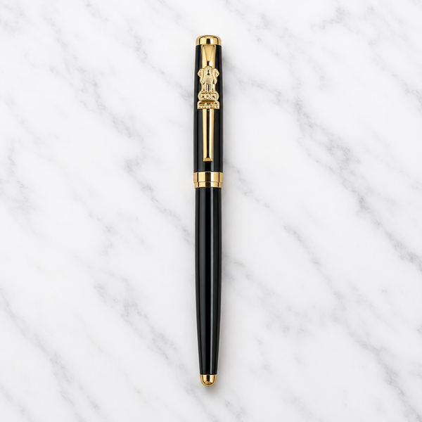 Ballpen Bazaar  Ballpen Bazaar Metallic Glossy Black Ball Pen with Black Cap and Gold Ashoka Emblem Clip | Openable Mechanism | Blue Ink | Premium Metal Executive Pen | 1 Pen with 1 Free Refill with Name Engraving