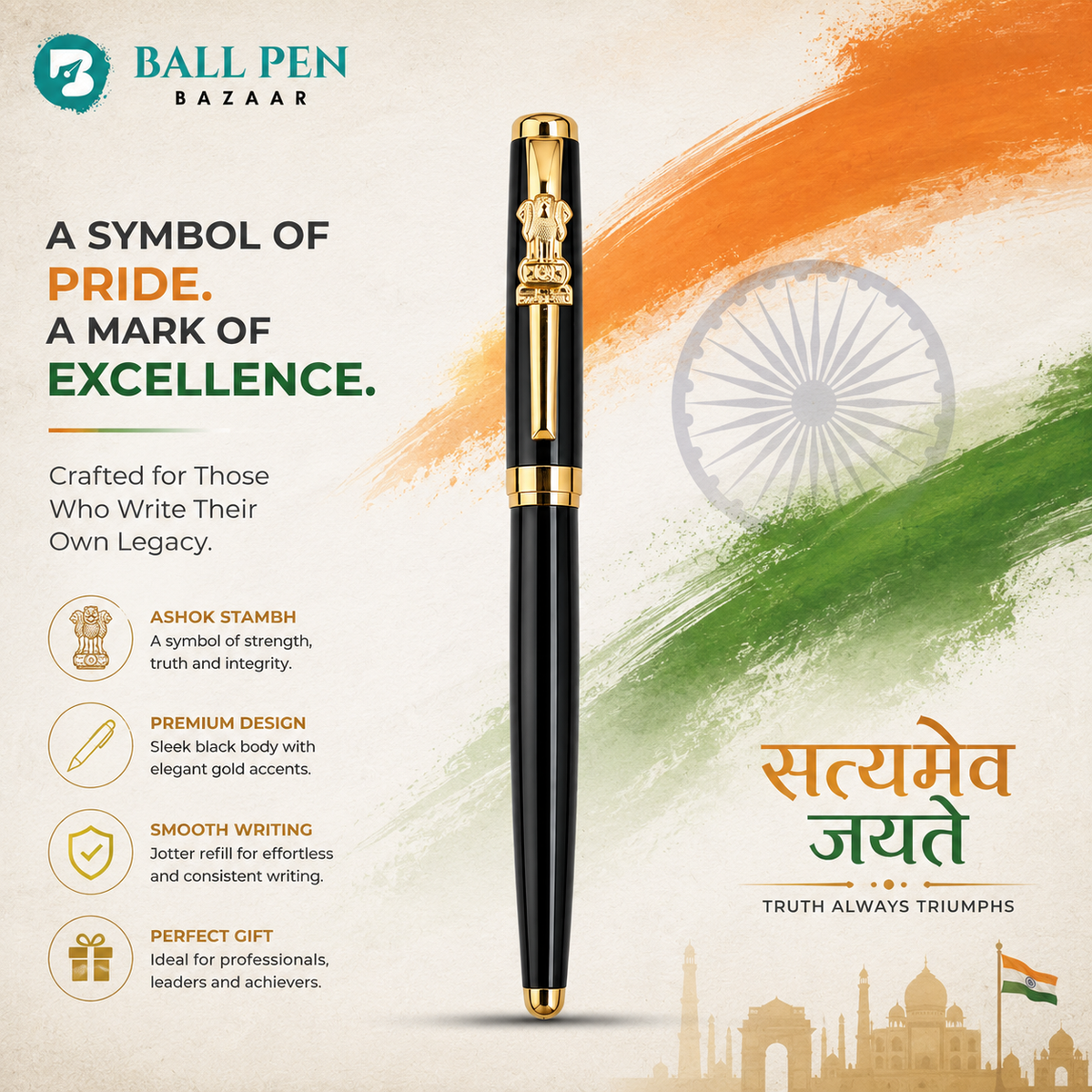 Metallic black openable ball pen with gold Ashoka emblem clip