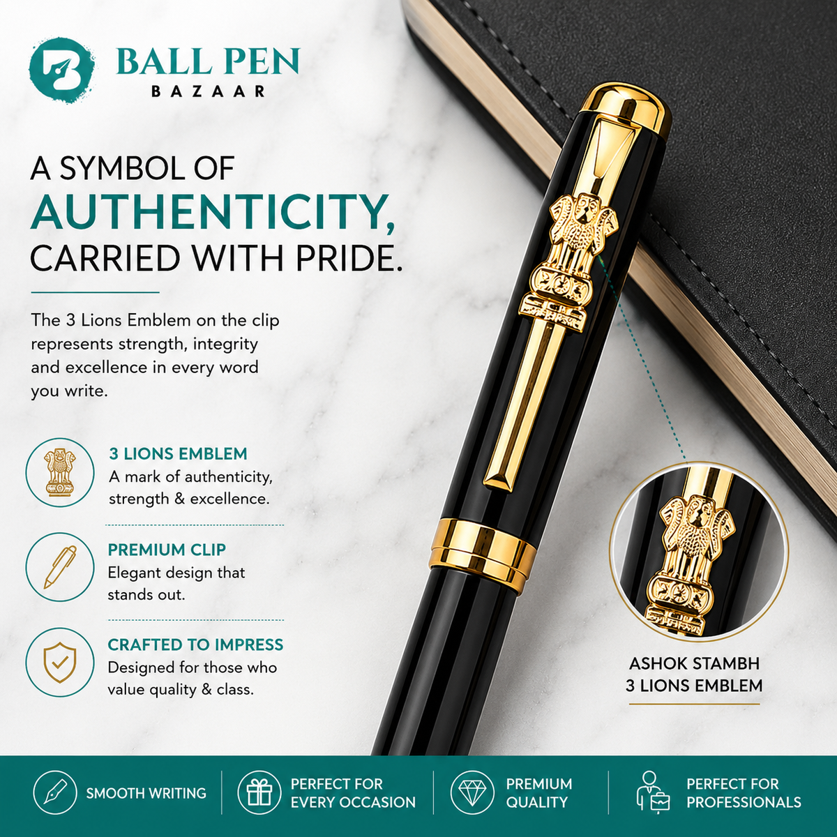 Metallic black openable ball pen with gold Ashoka emblem clip