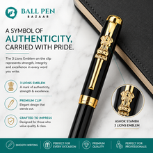 Ballpen Bazaar  Ballpen Bazaar Metallic Glossy Black Ball Pen with Black Cap and Gold Ashoka Emblem Clip | Openable Mechanism | Blue Ink | Premium Metal Executive Pen | 1 Pen with 1 Free Refill with Name Engraving