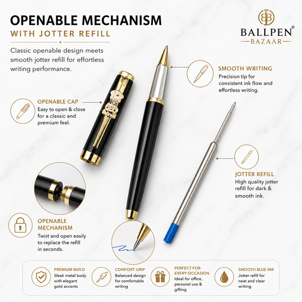 Ballpen Bazaar  Ballpen Bazaar Metallic Glossy Black Ball Pen with Black Cap and Gold Ashoka Emblem Clip | Openable Mechanism | Blue Ink | Premium Metal Executive Pen | 1 Pen with 1 Free Refill with Name Engraving