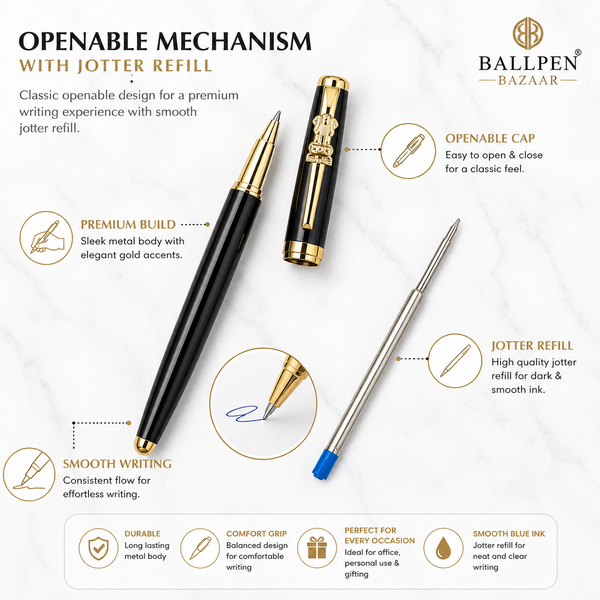 Ballpen Bazaar  Ballpen Bazaar Metallic Glossy Black Ball Pen with Black Cap and Gold Ashoka Emblem Clip | Openable Mechanism | Blue Ink | Premium Metal Executive Pen | 1 Pen with 1 Free Refill with Name Engraving