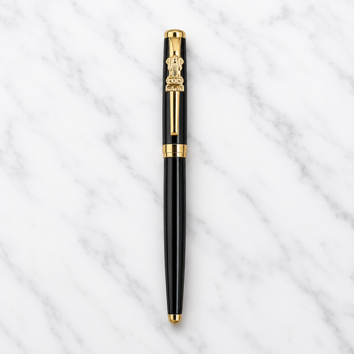 Metallic black openable ball pen with gold Ashoka emblem clip
