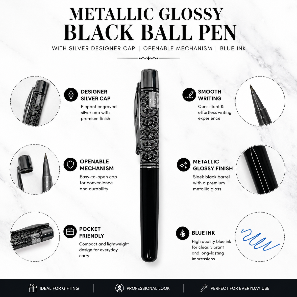 Ballpen Bazaar  Ballpen Bazaar Metallic Glossy Black Ball Pen with Designer Silver Cap Openable Mechanism Blue Ink | 1 Pen + 1 Extra Refill with Name Engraving