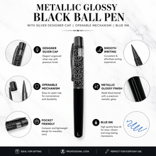 Ballpen Bazaar  Ballpen Bazaar Metallic Glossy Black Ball Pen with Designer Silver Cap Openable Mechanism Blue Ink | 1 Pen + 1 Extra Refill with Name Engraving