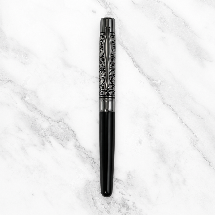 Ballpen Bazaar  Ballpen Bazaar Metallic Glossy Black Ball Pen with Designer Silver Cap Openable Mechanism Blue Ink | 1 Pen + 1 Extra Refill with Name Engraving