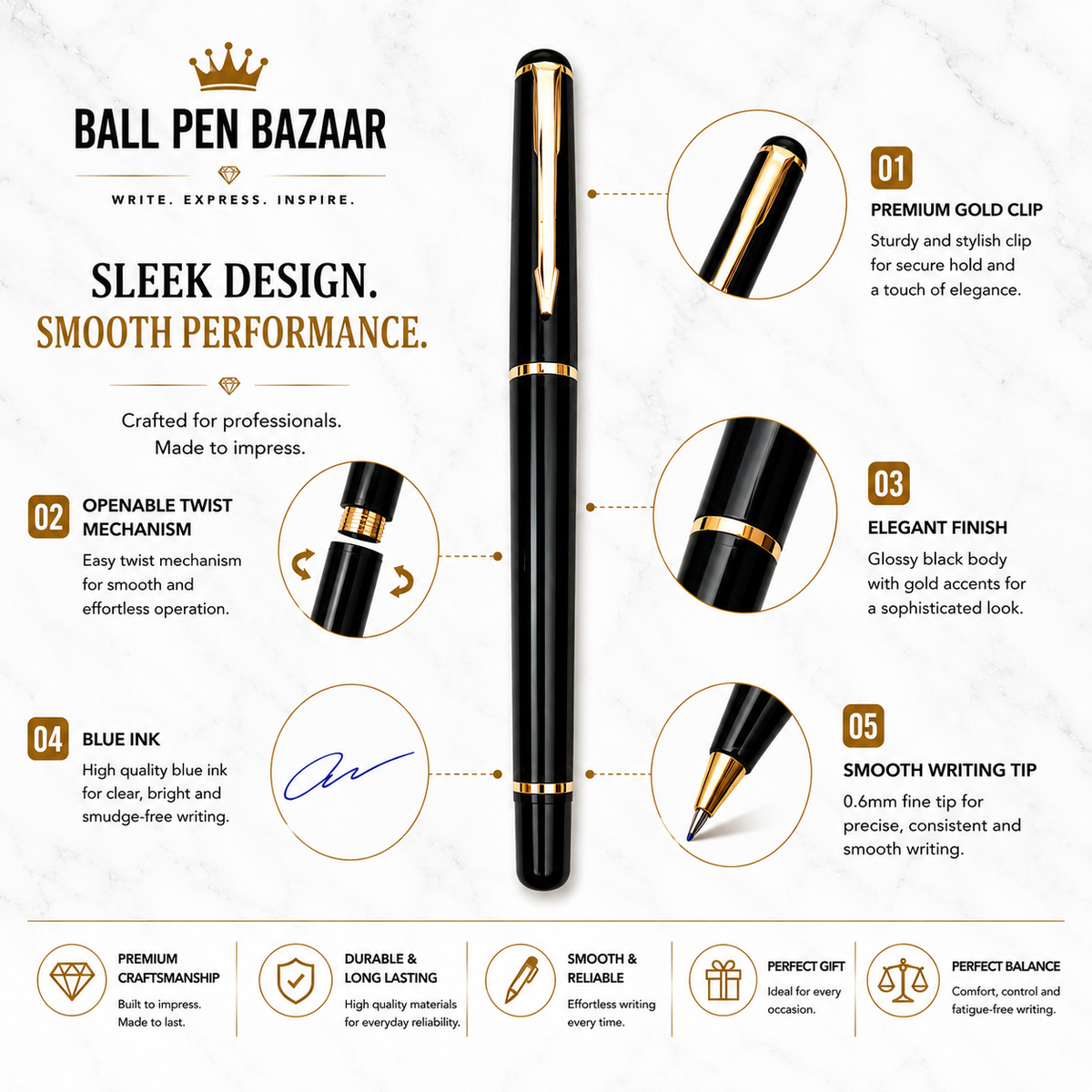 Ballpen Bazaar  Ballpen Bazaar Metallic Glossy Black Ball Pen with Gold Clip Openable Mechanism Blue Ink 1 Pen with 1 Extra Refill with Name Engraving