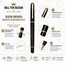 Ballpen Bazaar  Ballpen Bazaar Metallic Glossy Black Ball Pen with Gold Clip Openable Mechanism Blue Ink 1 Pen with 1 Extra Refill with Name Engraving