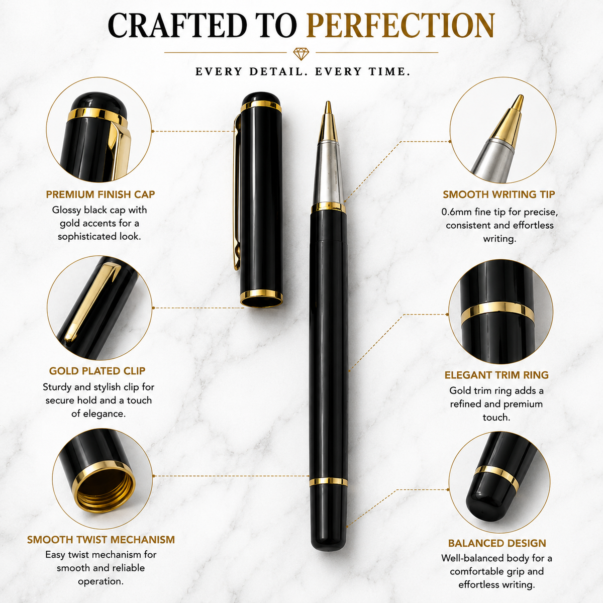 Ballpen Bazaar  Ballpen Bazaar Metallic Glossy Black Ball Pen with Gold Clip Openable Mechanism Blue Ink 1 Pen with 1 Extra Refill with Name Engraving