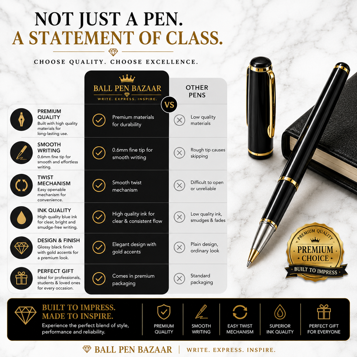 Ballpen Bazaar  Ballpen Bazaar Metallic Glossy Black Ball Pen with Gold Clip Openable Mechanism Blue Ink 1 Pen with 1 Extra Refill with Name Engraving