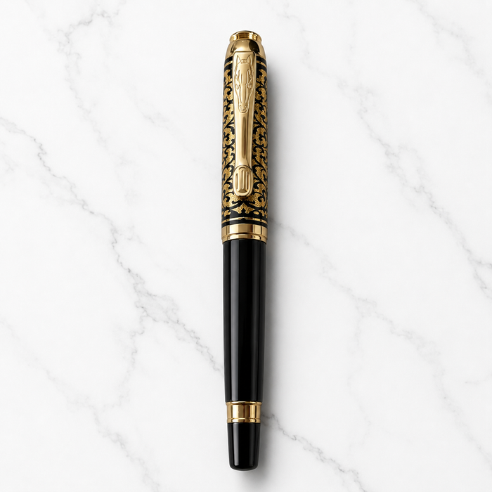 Ballpen Bazaar  Ballpen Bazaar Metallic Glossy Black Ball Pen with Gold Designer Cap & Horse Symbol Clip | Openable Metal Pen | Blue Ink | 1 Pen with 1 Extra Refill with Name Engraving