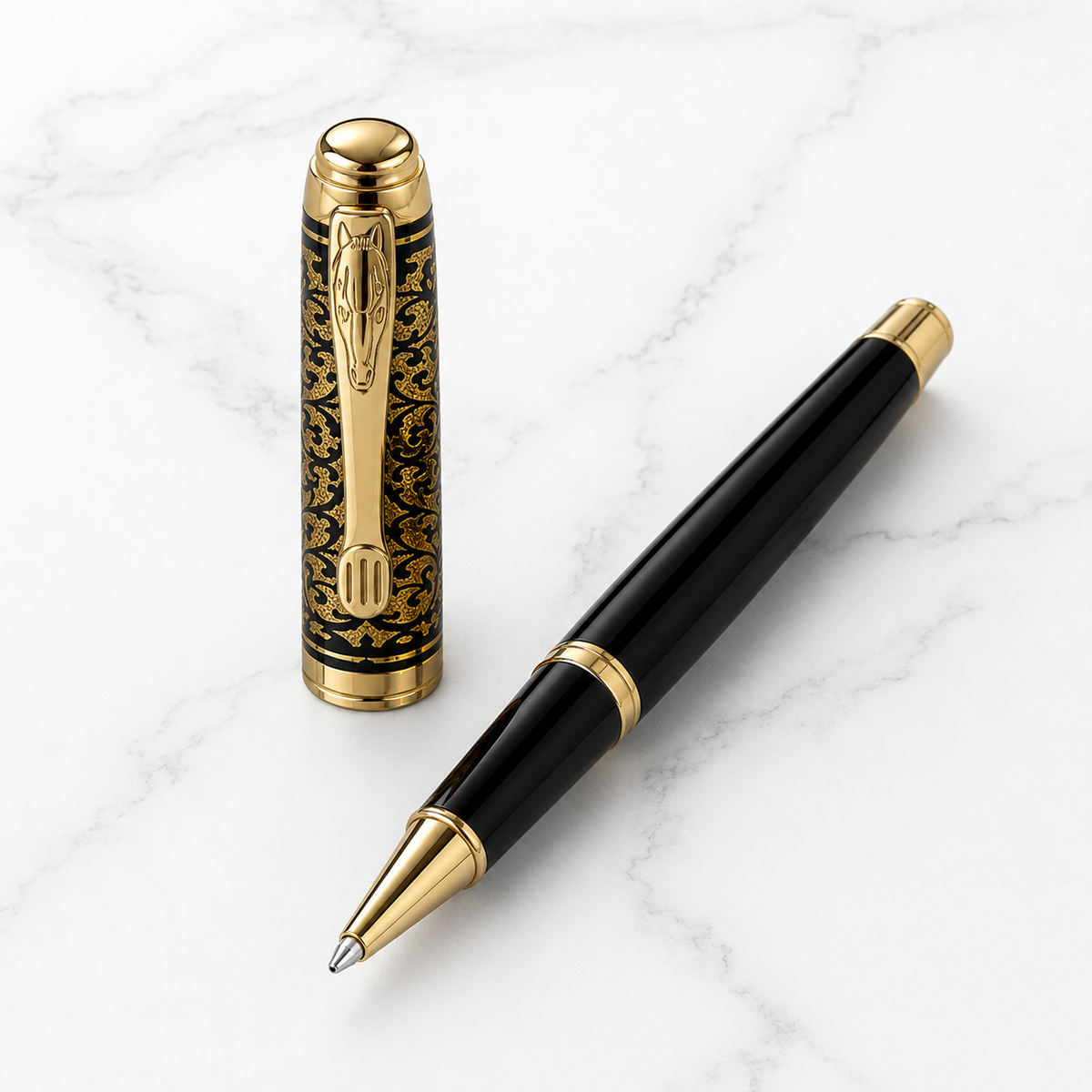 Ballpen Bazaar  Ballpen Bazaar Metallic Glossy Black Ball Pen with Gold Designer Cap & Horse Symbol Clip | Openable Metal Pen | Blue Ink | 1 Pen with 1 Extra Refill with Name Engraving