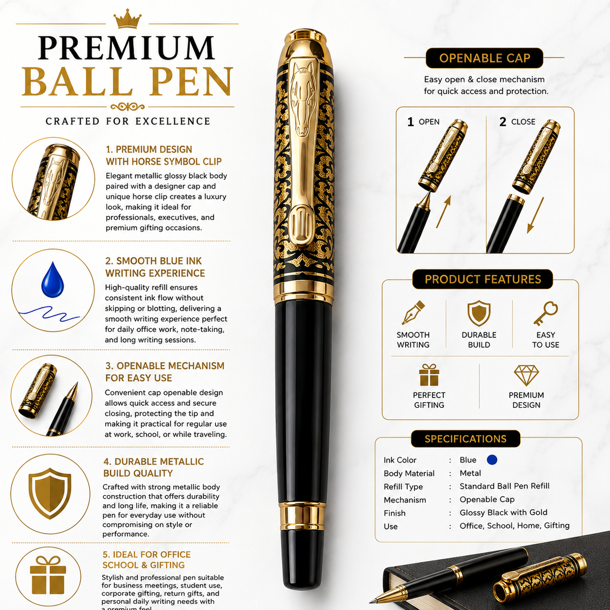 Ballpen Bazaar  Ballpen Bazaar Metallic Glossy Black Ball Pen with Gold Designer Cap & Horse Symbol Clip | Openable Metal Pen | Blue Ink | 1 Pen with 1 Extra Refill with Name Engraving