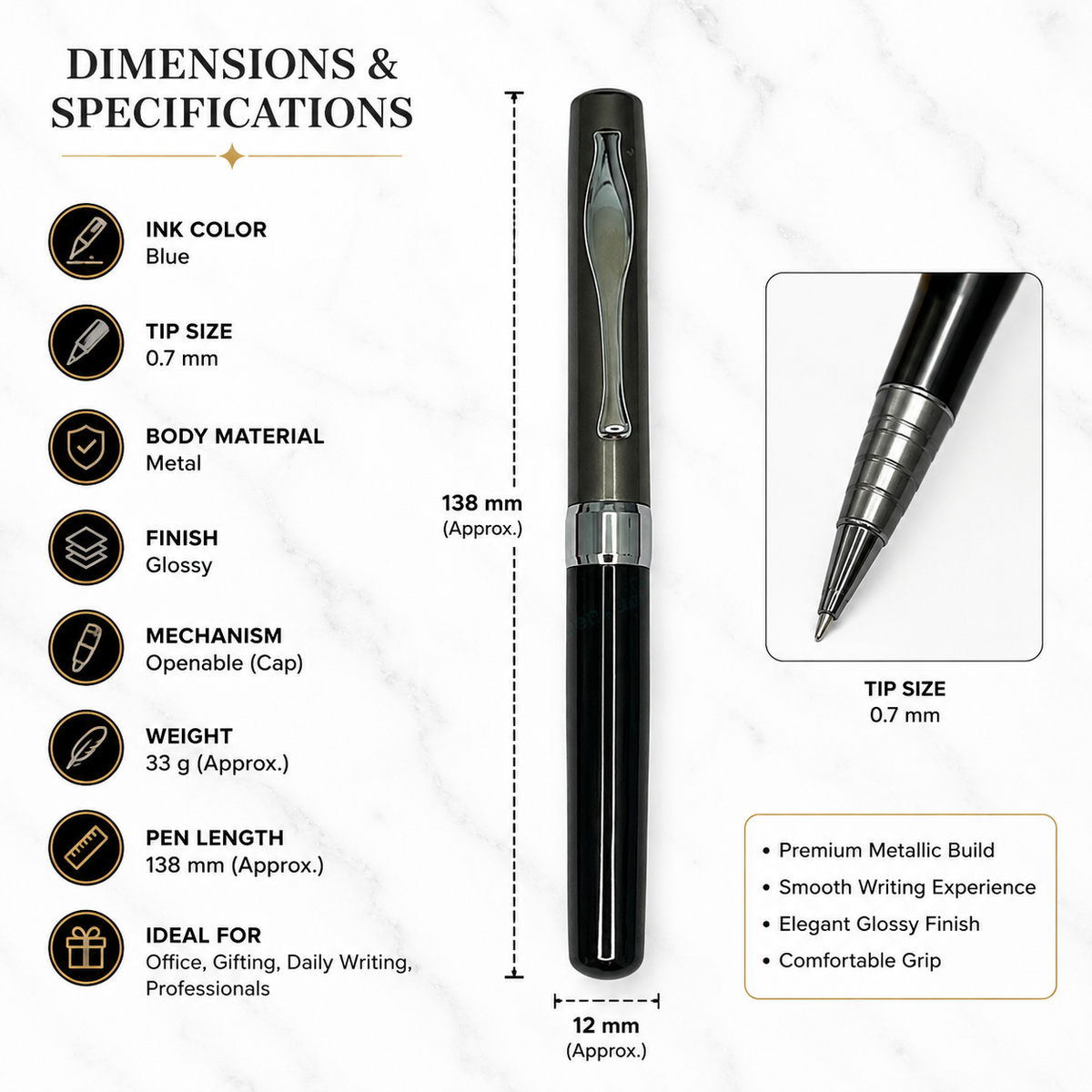 Ballpen Bazaar  Ballpen Bazaar Metallic Glossy Black Ball Pen with Gunmetal Cap & Clip | Openable Cap | Blue Ink | Free 1 Refill | 1 Pc with Name Engraving