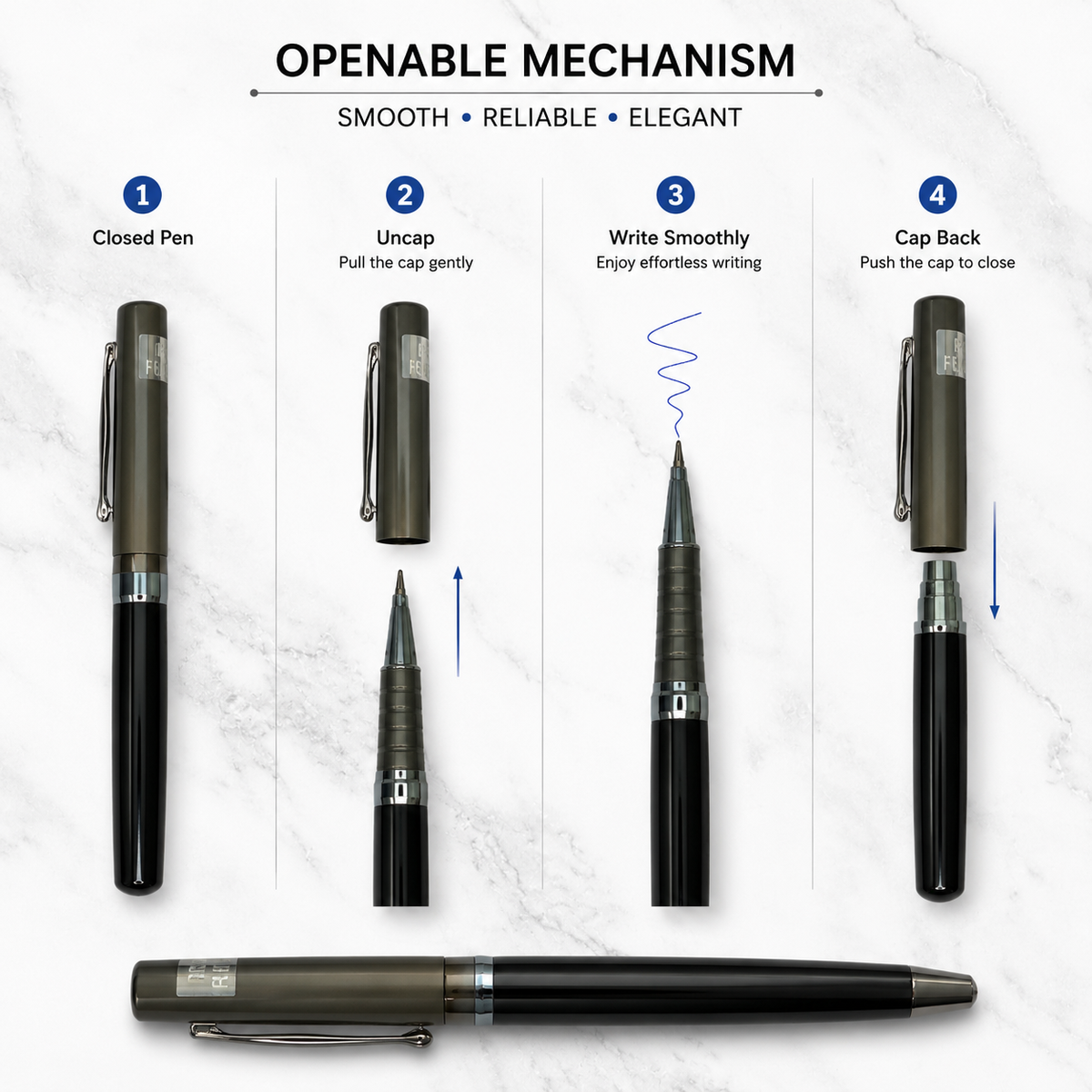 Ballpen Bazaar  Ballpen Bazaar Metallic Glossy Black Ball Pen with Gunmetal Cap & Clip | Openable Cap | Blue Ink | Free 1 Refill | 1 Pc with Name Engraving
