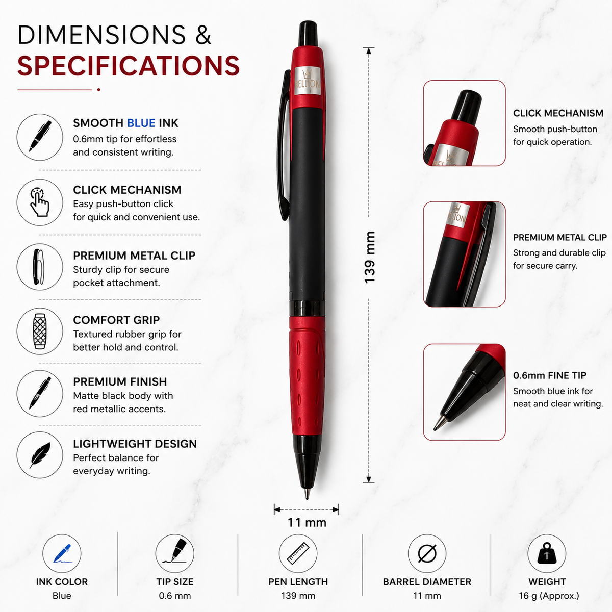 Ballpen Bazaar  Ballpen Bazaar Metallic Glossy Black Ball Pen with Red Design | Click Mechanism | Blue Ink | 1 Pen with 1 Extra Blue Refill with Name Engraving