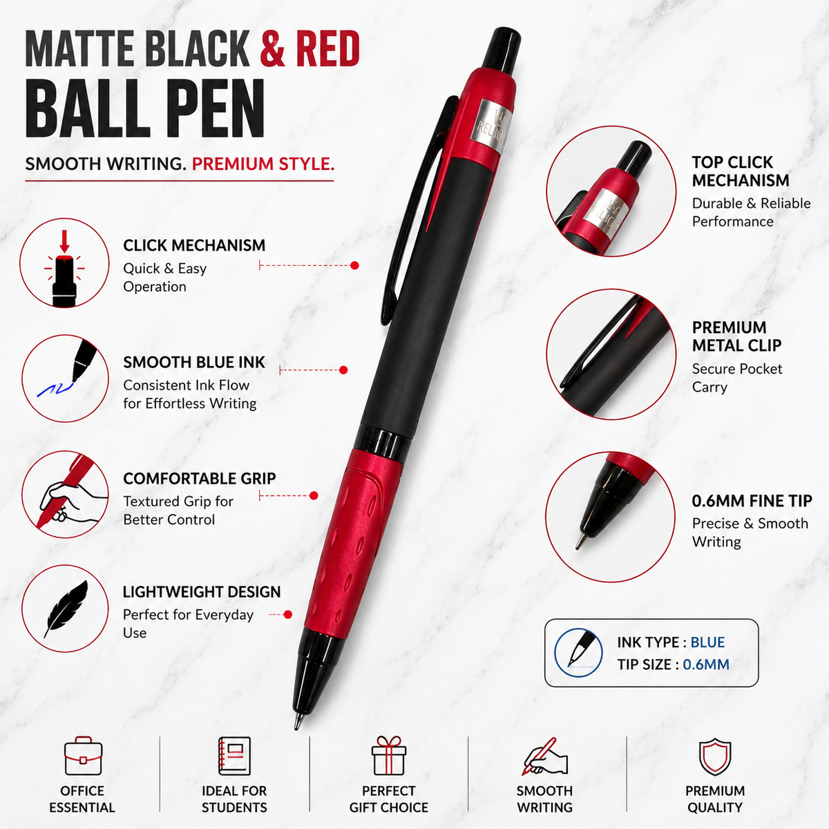 Ballpen Bazaar  Ballpen Bazaar Metallic Glossy Black Ball Pen with Red Design | Click Mechanism | Blue Ink | 1 Pen with 1 Extra Blue Refill with Name Engraving