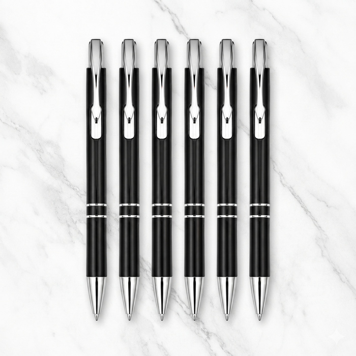 Ballpen Bazaar  Ballpen Bazaar Metallic Glossy Black Ball Pen with Silver Clip | Click Mechanism | Blue Ink | 7 Extra Blue Refills | Premium Metal Pen for Office, Business, Students & Gifting with Name Engraving