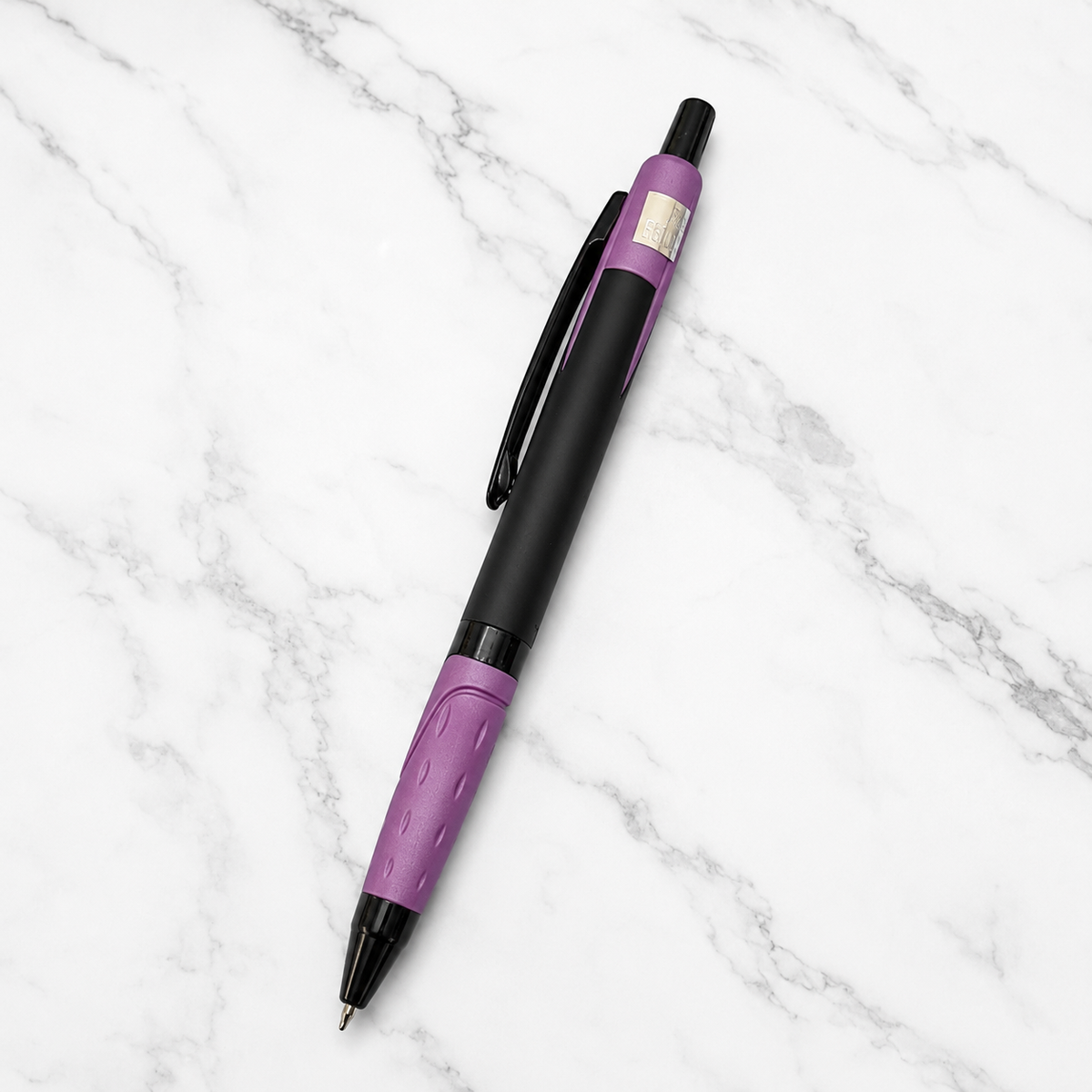 Ballpen Bazaar  Ballpen Bazaar Metallic Glossy Black Colour Body with Purple Colour Design Click Mechanism Ball Pen | Blue Ink | Free 1 Blue Plastic Jotter Refill | Pack of 1 with Name Engraving