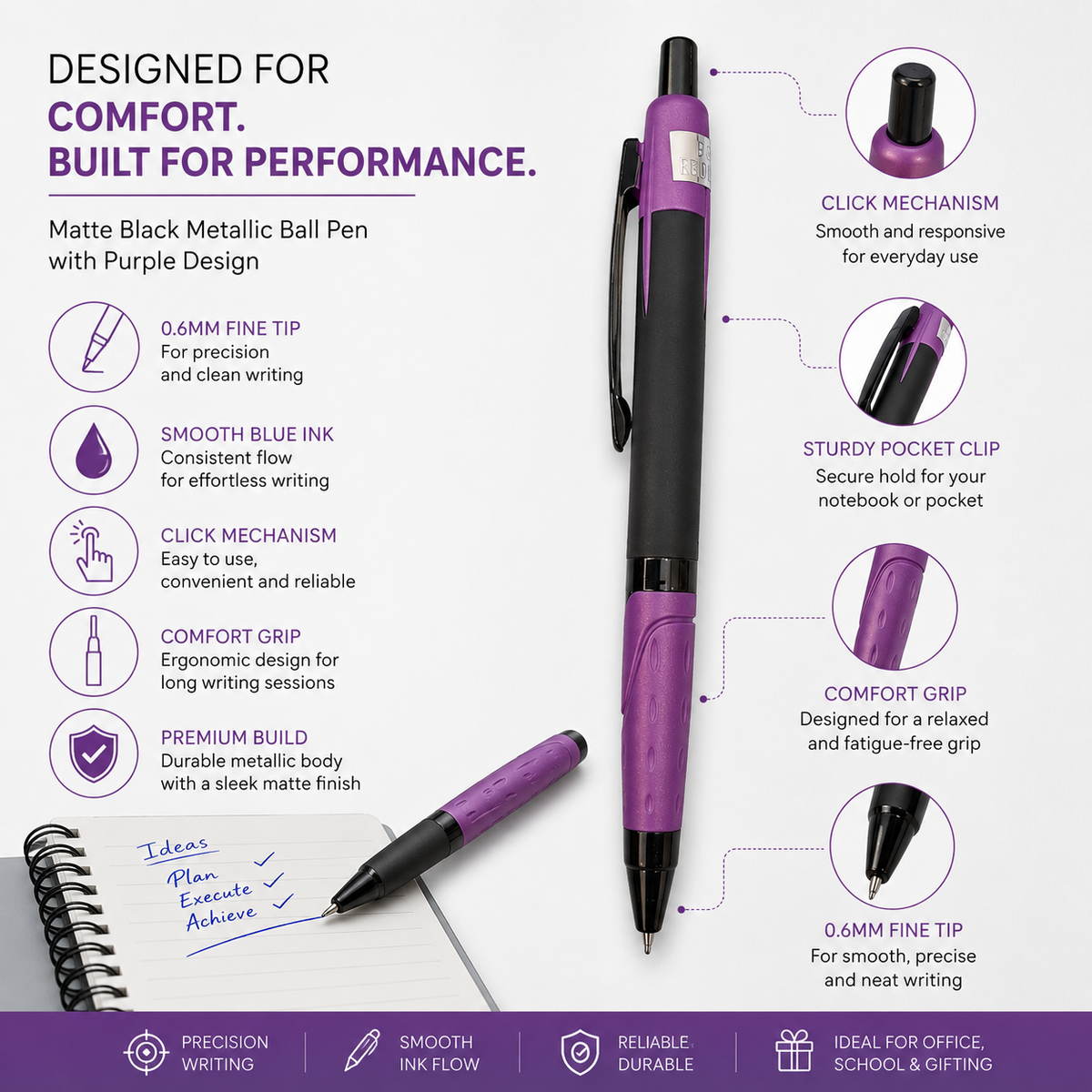 Ballpen Bazaar  Ballpen Bazaar Metallic Glossy Black Colour Body with Purple Colour Design Click Mechanism Ball Pen | Blue Ink | Free 1 Blue Plastic Jotter Refill | Pack of 1 with Name Engraving