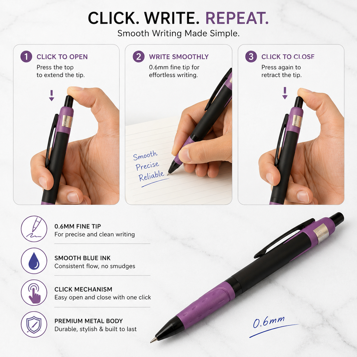 Ballpen Bazaar  Ballpen Bazaar Metallic Glossy Black Colour Body with Purple Colour Design Click Mechanism Ball Pen | Blue Ink | Free 1 Blue Plastic Jotter Refill | Pack of 1 with Name Engraving