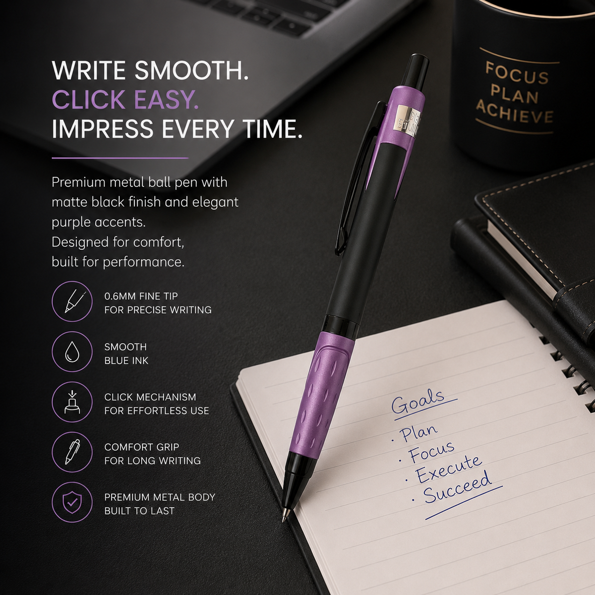 Ballpen Bazaar  Ballpen Bazaar Metallic Glossy Black Colour Body with Purple Colour Design Click Mechanism Ball Pen | Blue Ink | Free 1 Blue Plastic Jotter Refill | Pack of 1 with Name Engraving