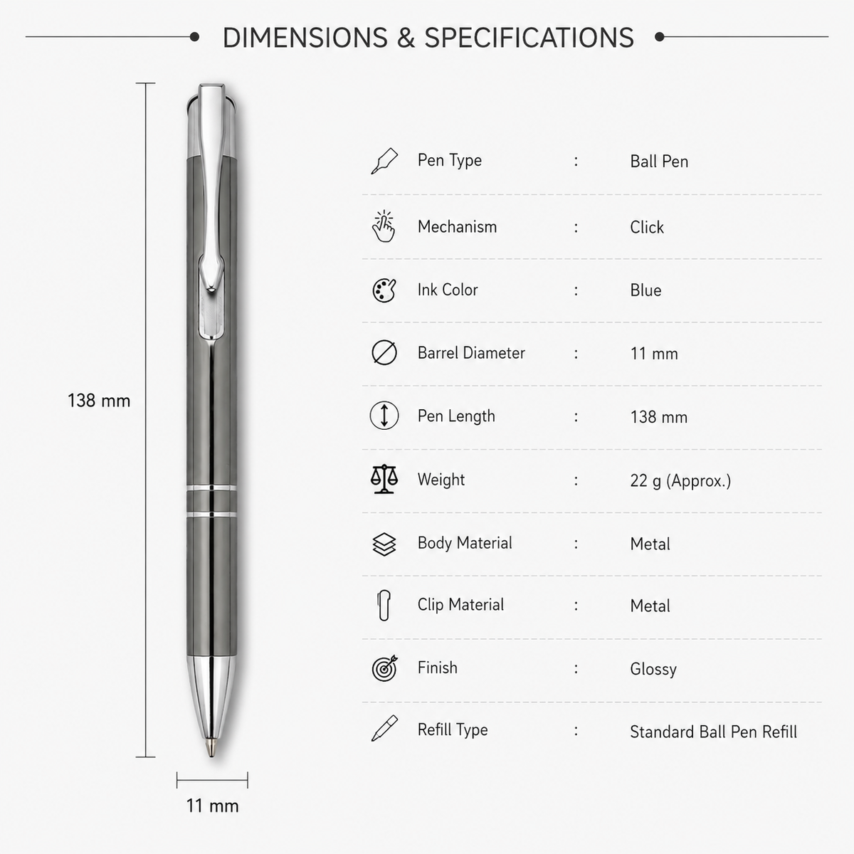 Ballpen Bazaar  Ballpen Bazaar Metallic Glossy Black, Gray & Blue Click Ball Pen Set of 3 with Silver Clip | Blue Ink | 3 Extra Refills | Premium Metal Pens for Office, School, Business & Gifting with Name Engraving