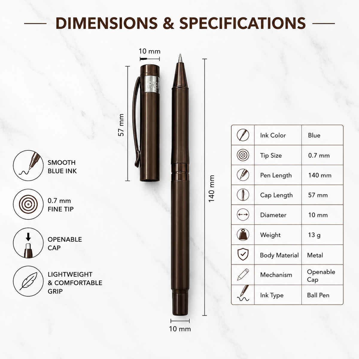 Ballpen Bazaar  Ballpen Bazaar Metallic Glossy Brown Ball Pen with Brown Cap | Openable Mechanism | Blue Ink | 1 Pen with 1 Free Extra Refill with Name Engraving