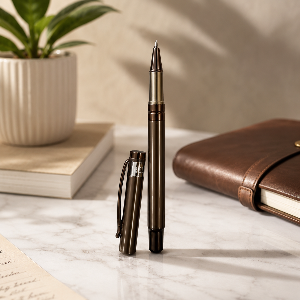 Ballpen Bazaar  Ballpen Bazaar Metallic Glossy Brown Ball Pen with Brown Cap | Openable Mechanism | Blue Ink | 1 Pen with 1 Free Extra Refill with Name Engraving