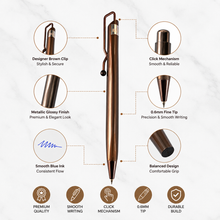 Ballpen Bazaar  Ballpen Bazaar Metallic Glossy Brown Ball Pen with Brown Designer Shape Clip | Click Mechanism | Blue Ink | 1 Pen with 1 Extra Blue Refill | Premium Metal Writing Pen with Name Engraving