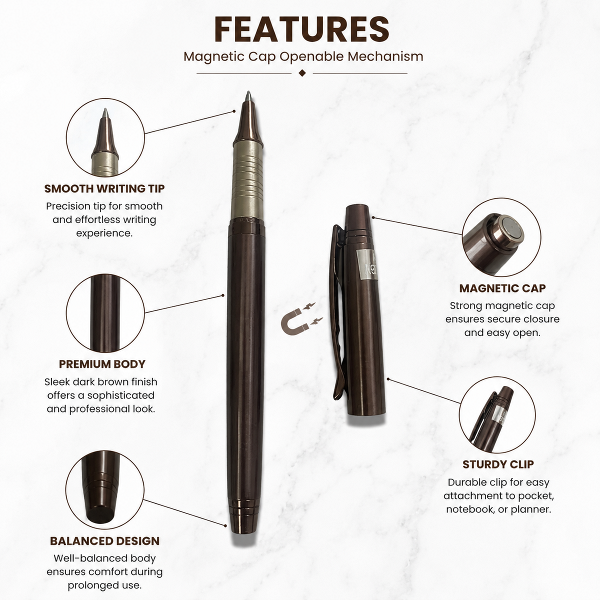 Ballpen Bazaar  Ballpen Bazaar Metallic Glossy Brown Ball Pen with Magnetic Brown Cap | Openable Mechanism | Blue Ink | Premium Metal Writing Pen | 1 Pen with 1 Extra Blue Refill | Single Piece with Name Engraving