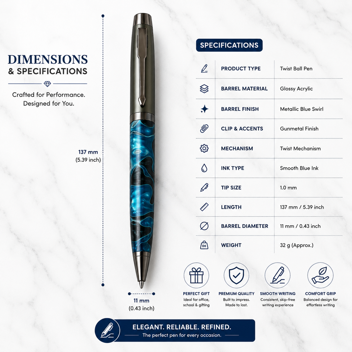 Ballpen Bazaar  Ballpen Bazaar Metallic Glossy Designer Blue Acrylic Ball Pen Gunmetal Dual Colour Twist Pen with Extra Refill Blue Ink 1 Pc with Name Engraving