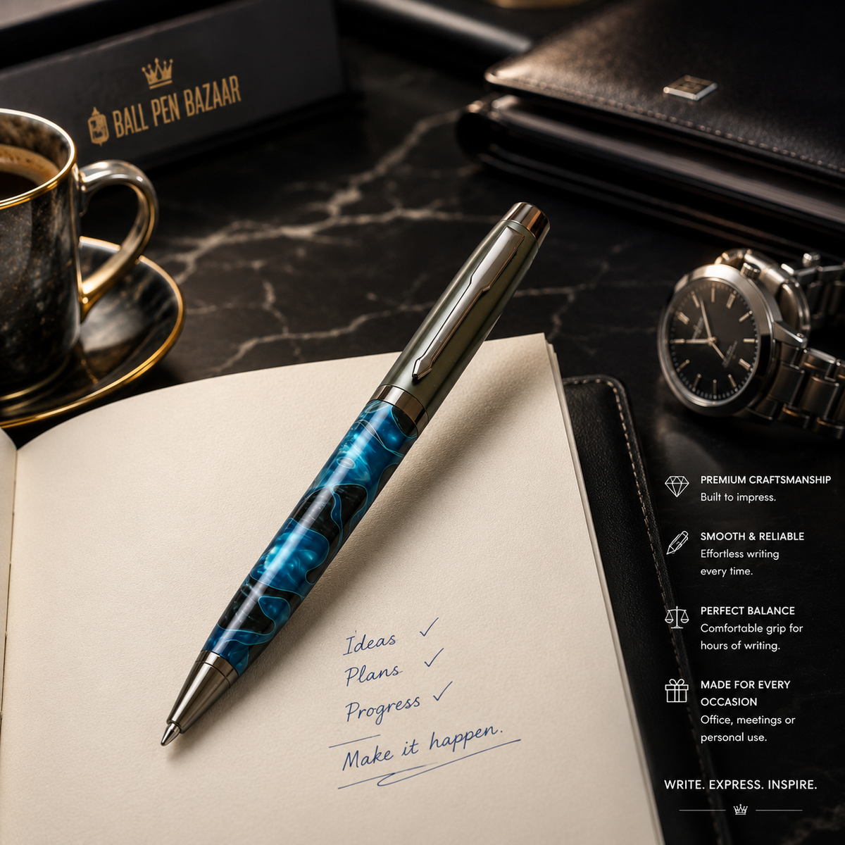 Ballpen Bazaar  Ballpen Bazaar Metallic Glossy Designer Blue Acrylic Ball Pen Gunmetal Dual Colour Twist Pen with Extra Refill Blue Ink 1 Pc with Name Engraving
