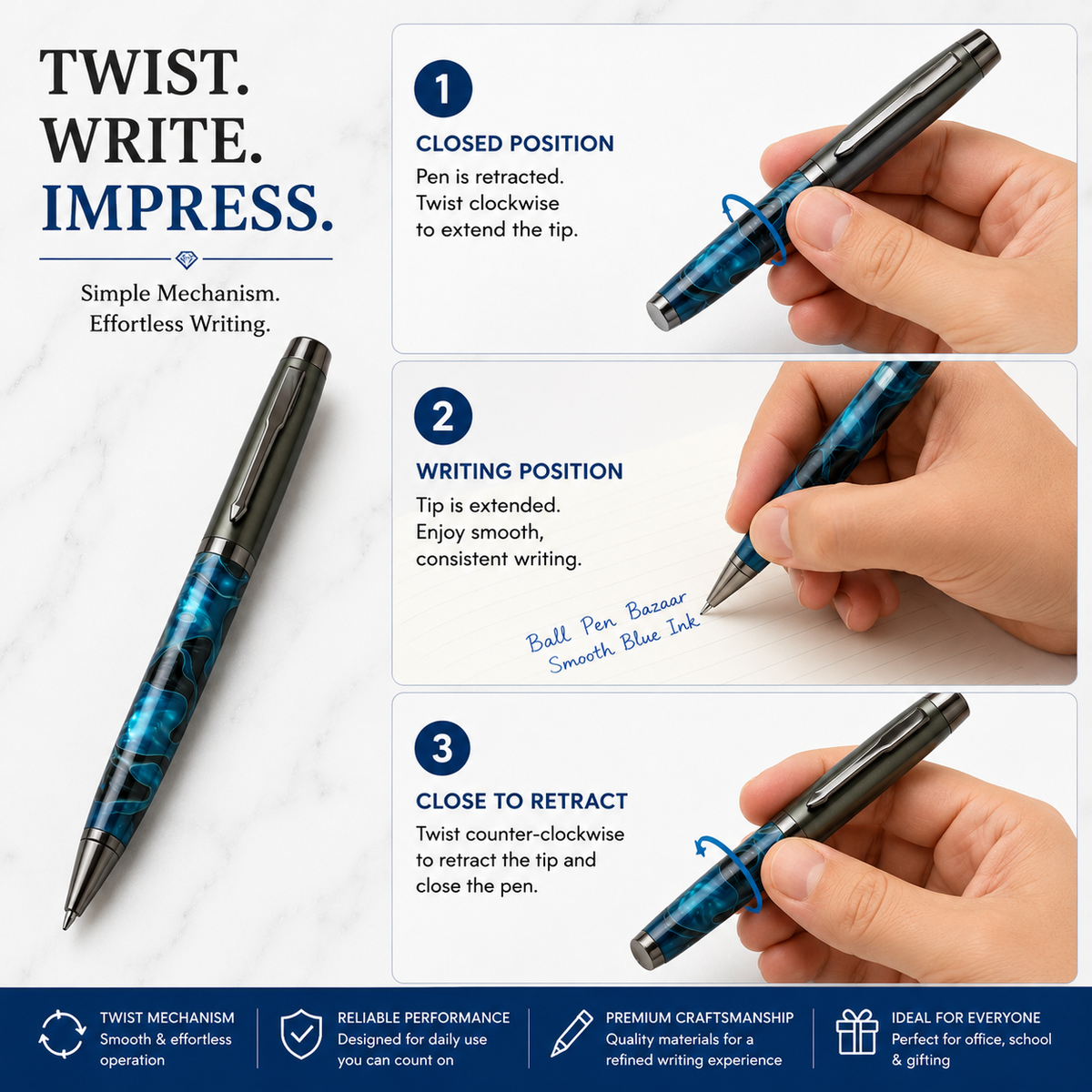 Ballpen Bazaar  Ballpen Bazaar Metallic Glossy Designer Blue Acrylic Ball Pen Gunmetal Dual Colour Twist Pen with Extra Refill Blue Ink 1 Pc with Name Engraving