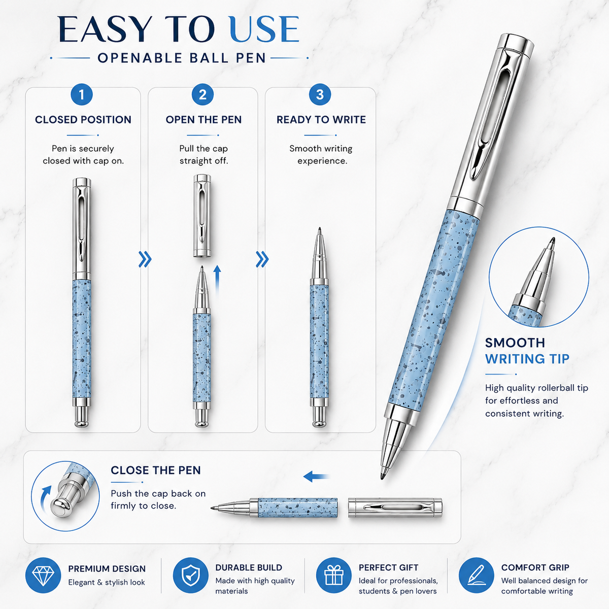 Ballpen Bazaar  Ballpen Bazaar Metallic Glossy Designer Blue Square Shape Ball Pen with Silver Cap | Openable Metal Pen | Blue Ink | 1 Pen with 1 Extra Refill with Name Engraving