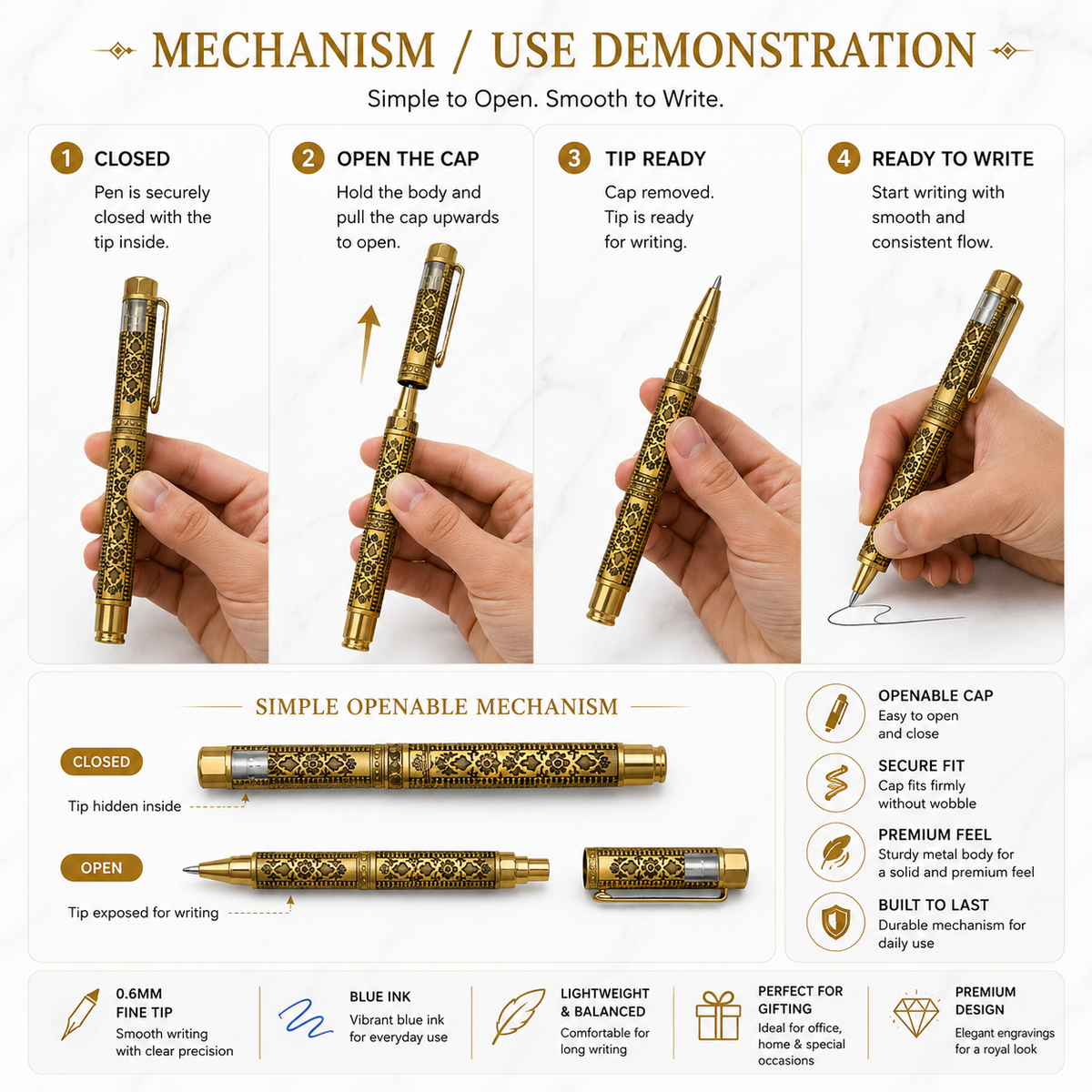 Ballpen Bazaar  Ballpen Bazaar Metallic Glossy Designer Gold Ball Pen | Square Shape Openable Metal Pen | Blue Ink | Premium Executive Writing Pen | 1 Pen with 1 Free Blue Refill with Name Engraving